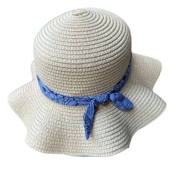Straw Hat Wide Brim Sun Hat Beach Blue Ribbon Hatband for Toddler Girls - Picture 4 of 8